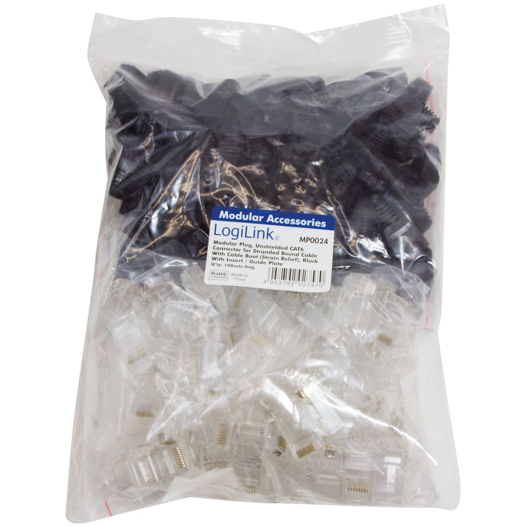 Modularkontakt RJ45 CAT6 Oskärmad + Böjskydd 100-pack Svart