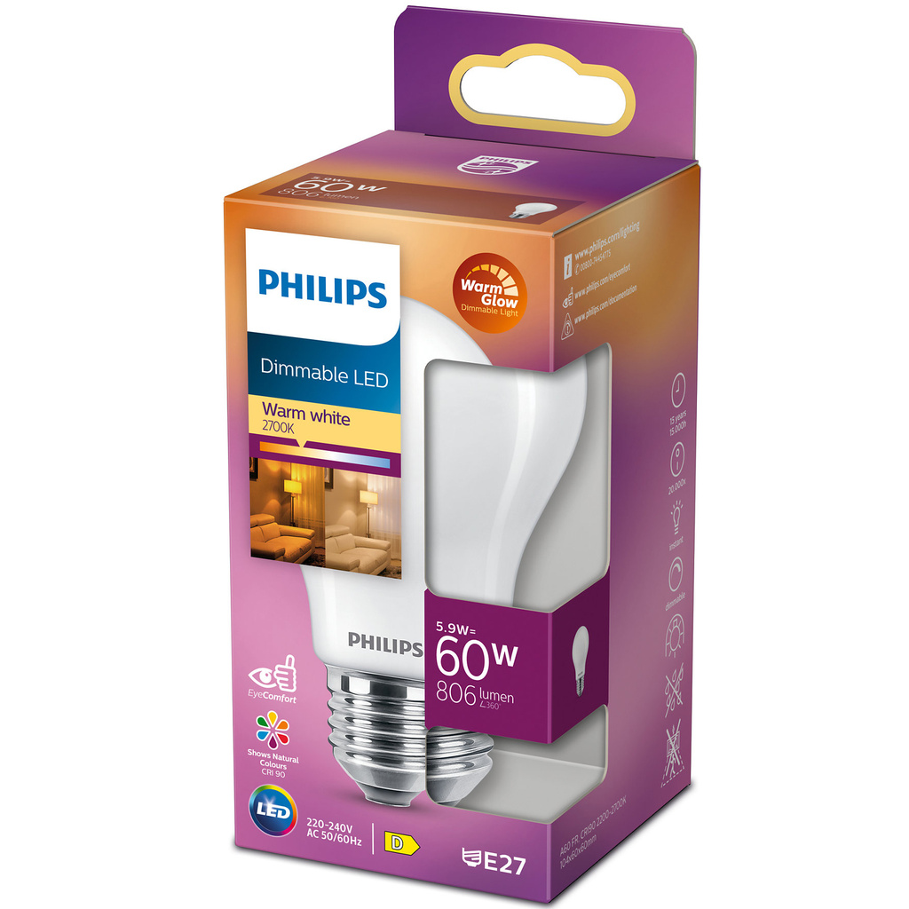 LED E27 Normal 5,9W (60W) Frost Dimbar WarmGlow 806lm