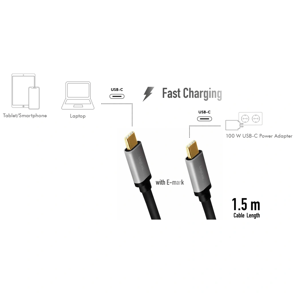 USB-C till USB-C Kabel 100W 480 Mbps 1,5m Aluminium