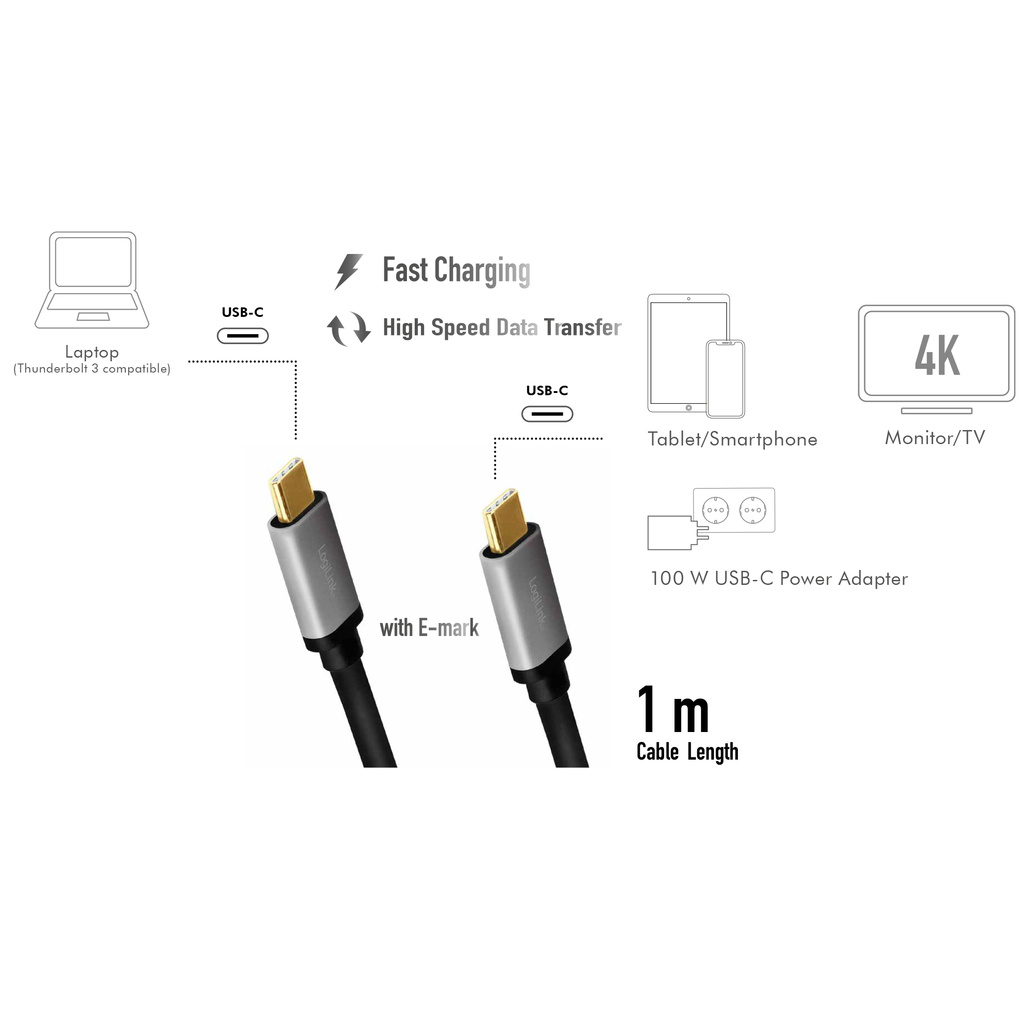USB-C-kabel USB 3.2 Gen2 PD 3.0 100W 10Gbps 4K/60Hz Alu 1m