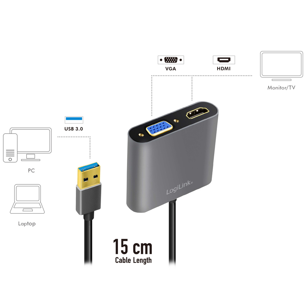 USB-A 3.0 -> HDMI-Hona + VGA-Hona Adapter