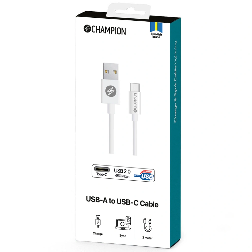 USB-A till USB-C Kabel 2m Vit