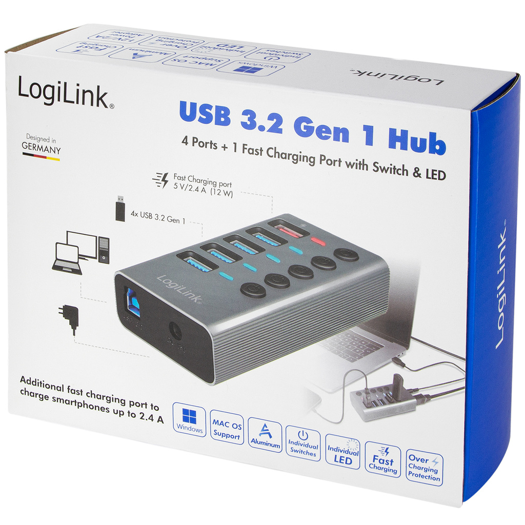 USB-hub 4+1-port med separata På/Av-knappar USB 3.2 Gen 1