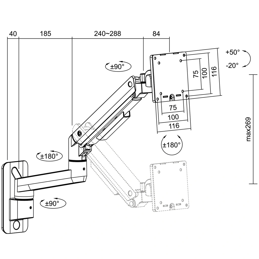 Monitor arm wall mount 17-49" gas spring 424mm max 20kg