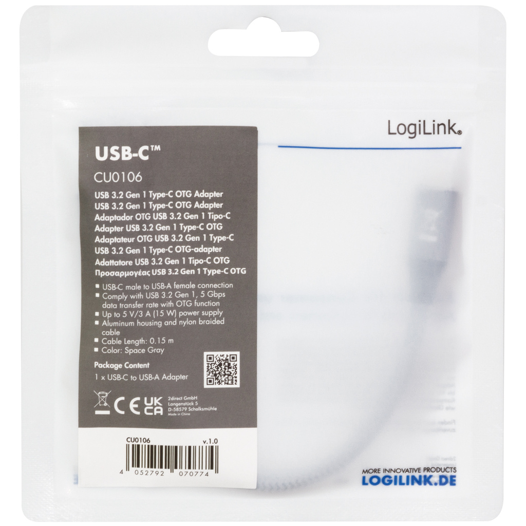 USB-C -hane till USB-A hona OTG 15W 0,15m 
