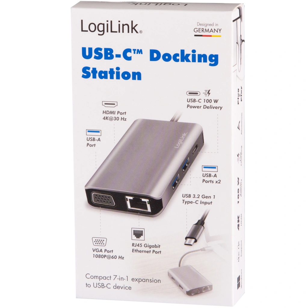 USB-C docking station 7-in-1 HDMI/VGA/RJ45/USB-C 100W PD