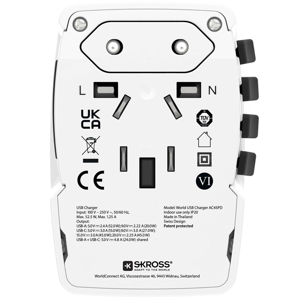 Världsreseadapter PRO Light USB AC45PD World PD 45W Jordad