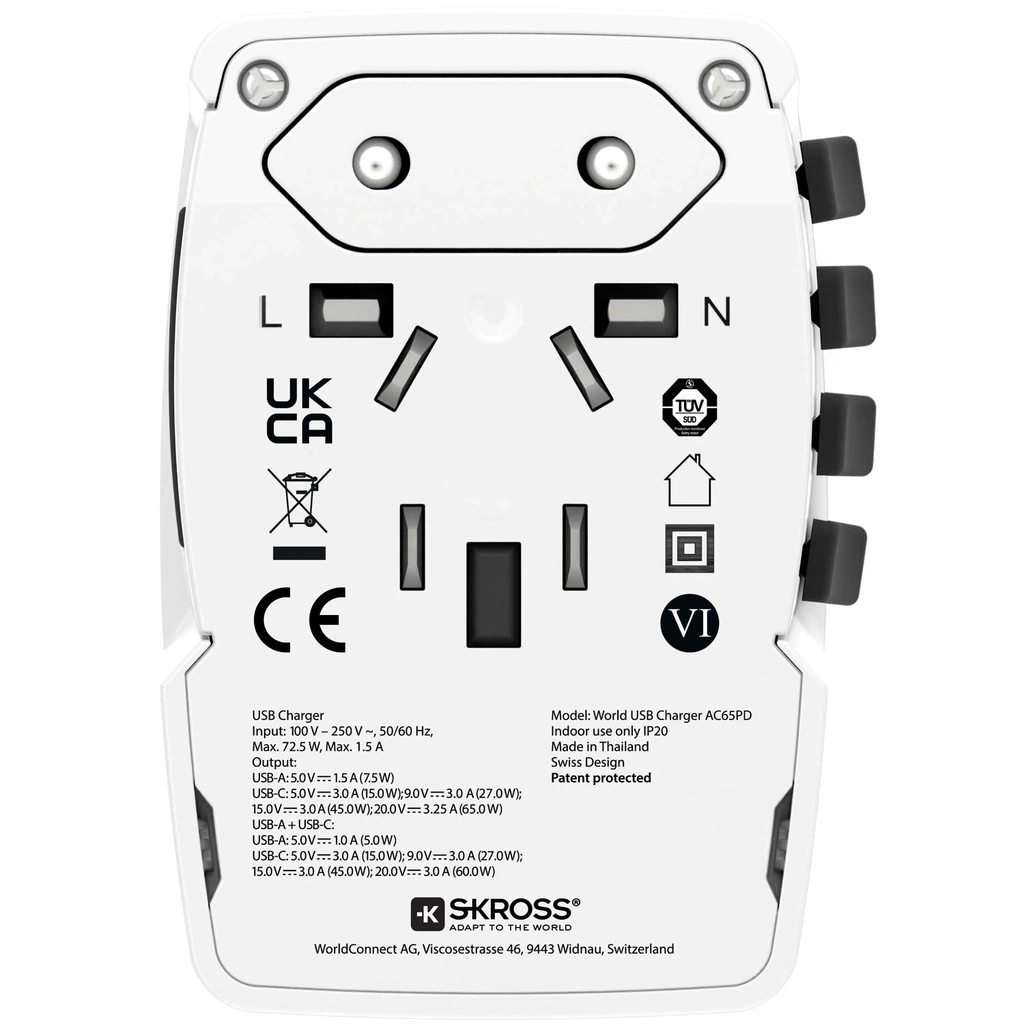 Världsreseladdare AC65PD World USB-A+USB-C PD 65W Jordad