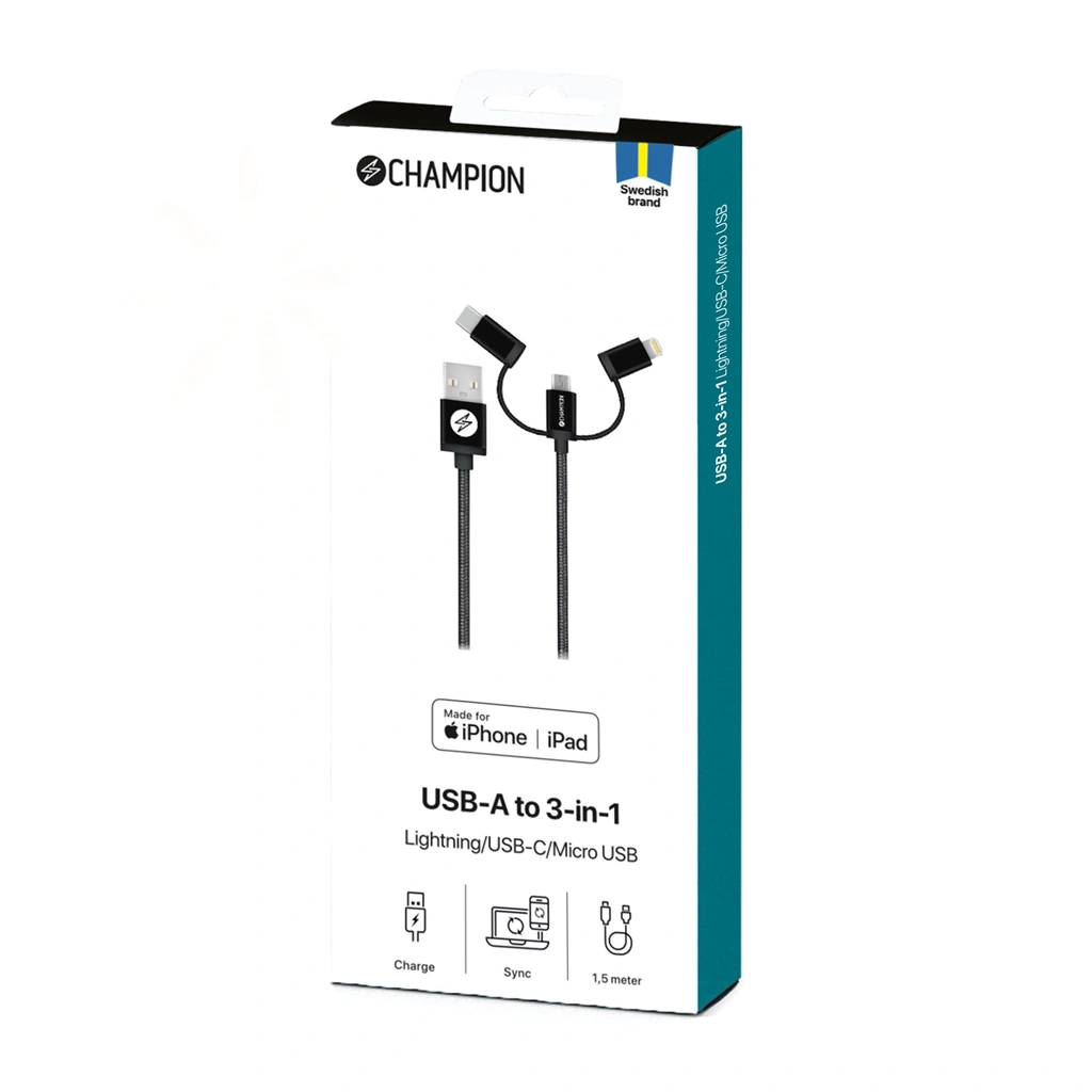 USB-A to Lightning, USB-C and Micro-USB 1.5m Black