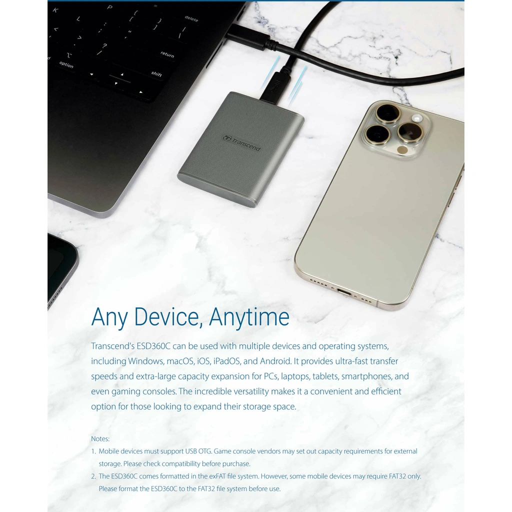 Portabel SSD ESD360C USB-C 2TB 20Gbps (R2000/W2000 Mb/s)