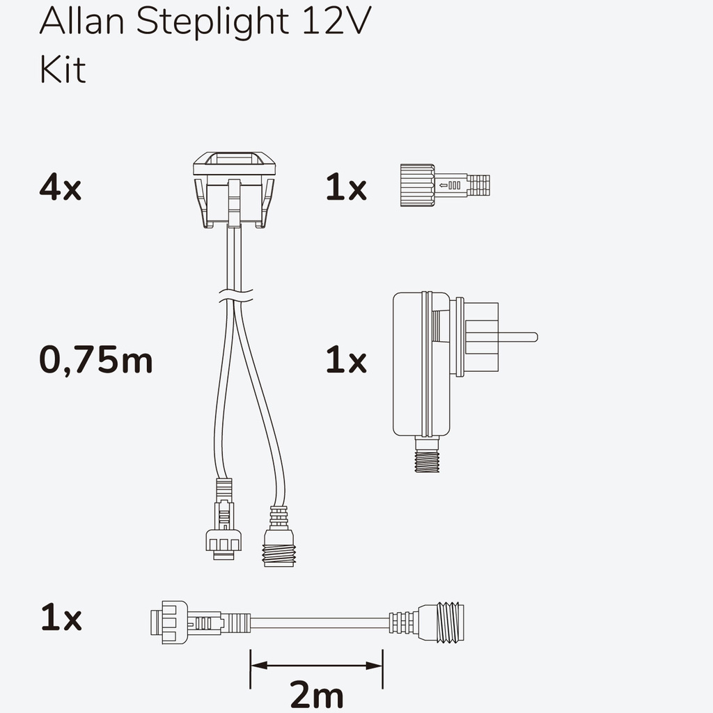 Allan Steplight kit 4-pack inkl strömadapter 12V 3000K 5lm IP67