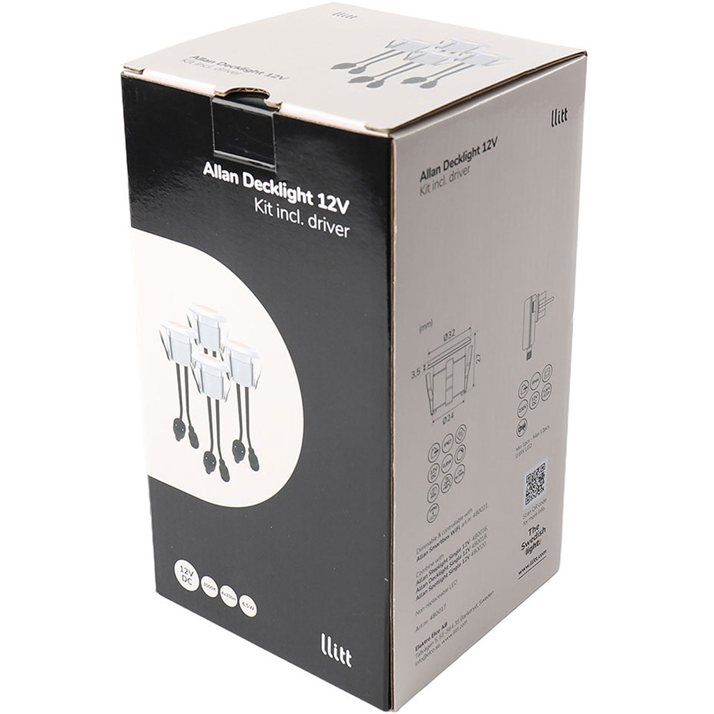 Allan Decklight kit 4-pack inkl strömadapter 12V 3000K 10lm IP67