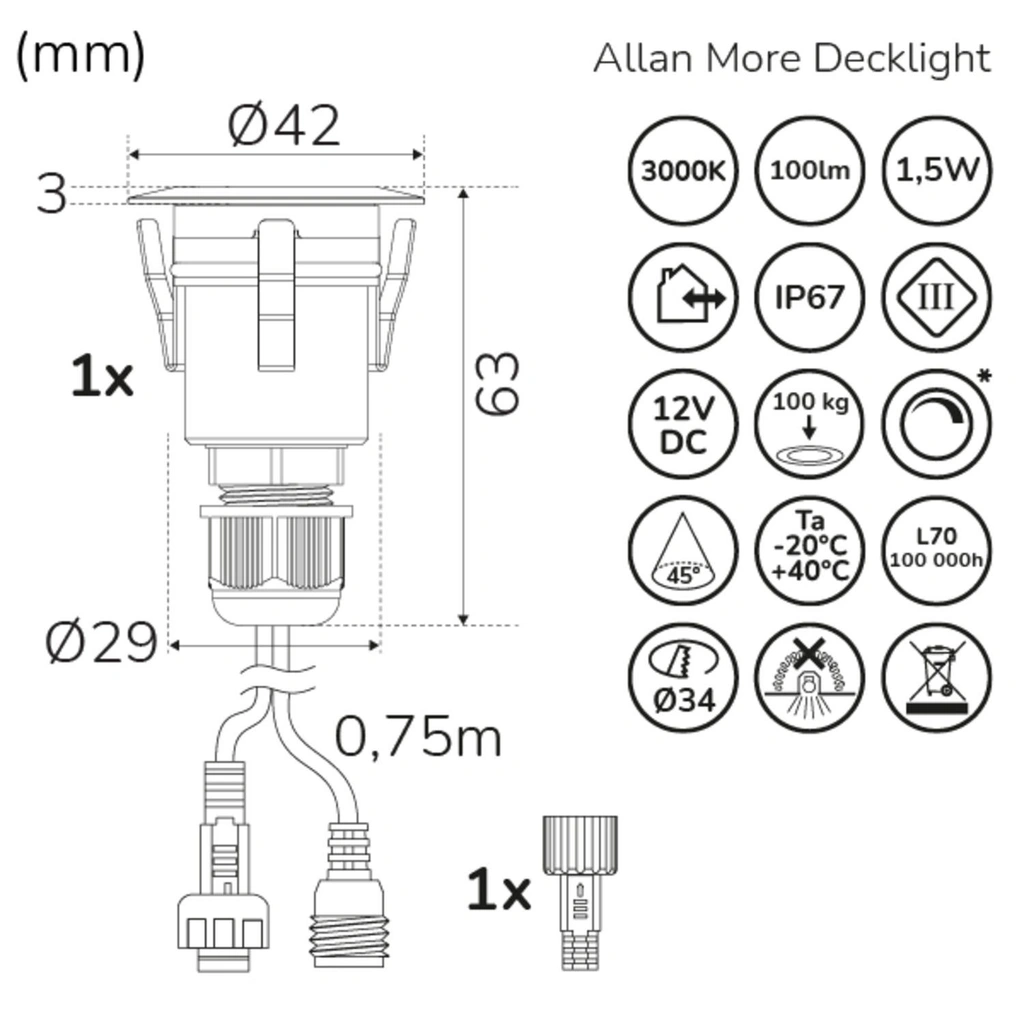 Allan More Decklight 1-pack 12V 3000K 100lm IP67