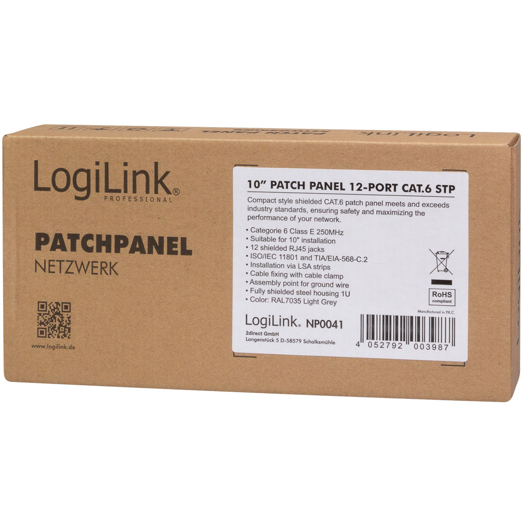 Patchpanel 12-portar Cat6 för 10" rack U1 Grå