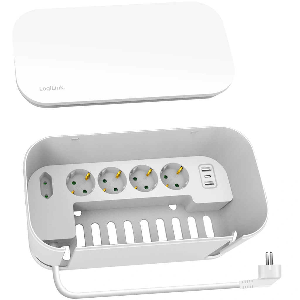 Cable box - Kabelgömma med grenuttag + USB-A/USB-C-laddning Vit