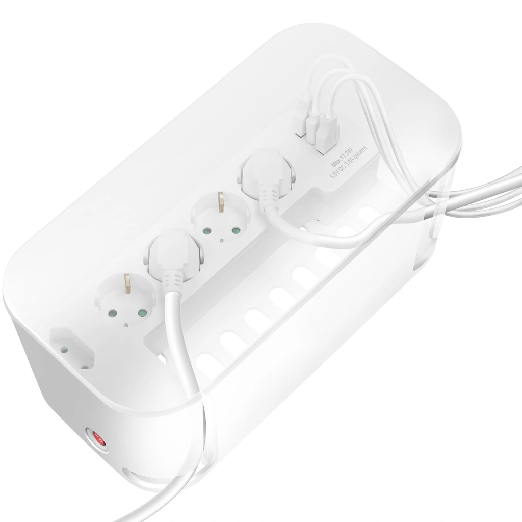 Cable box - Kabelgömma med grenuttag + USB-A/USB-C-laddning Vit