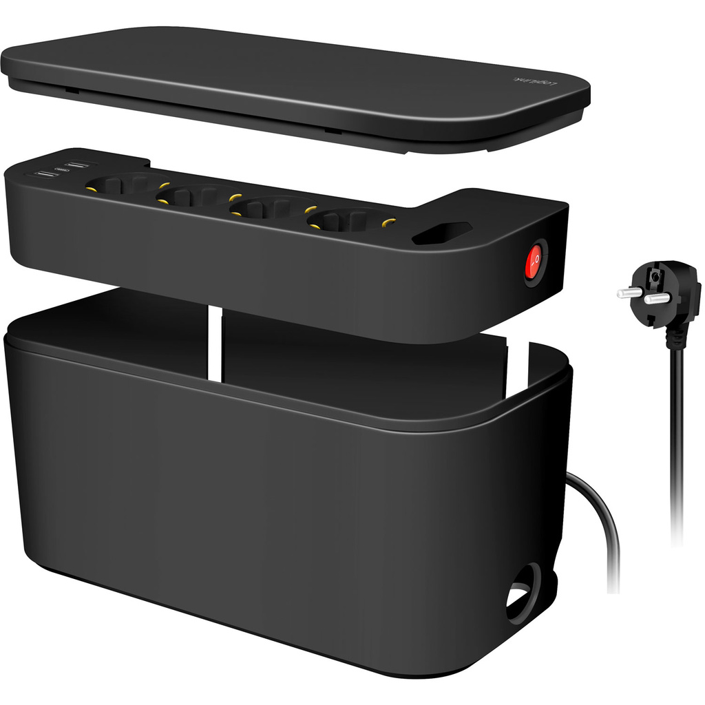 Cable box - Cable management box with power strip + USB-A/USB-C charging Black