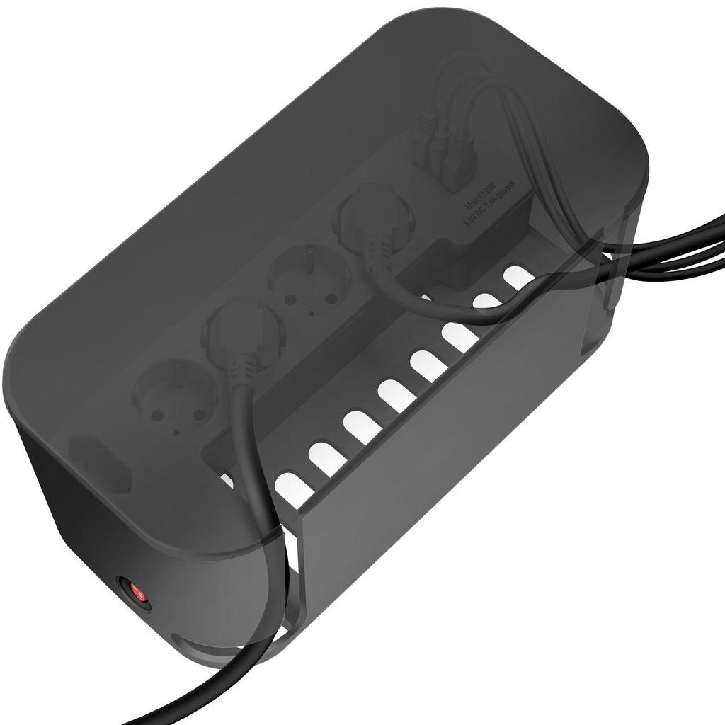 Cable box - Cable management box with power strip + USB-A/USB-C charging Black