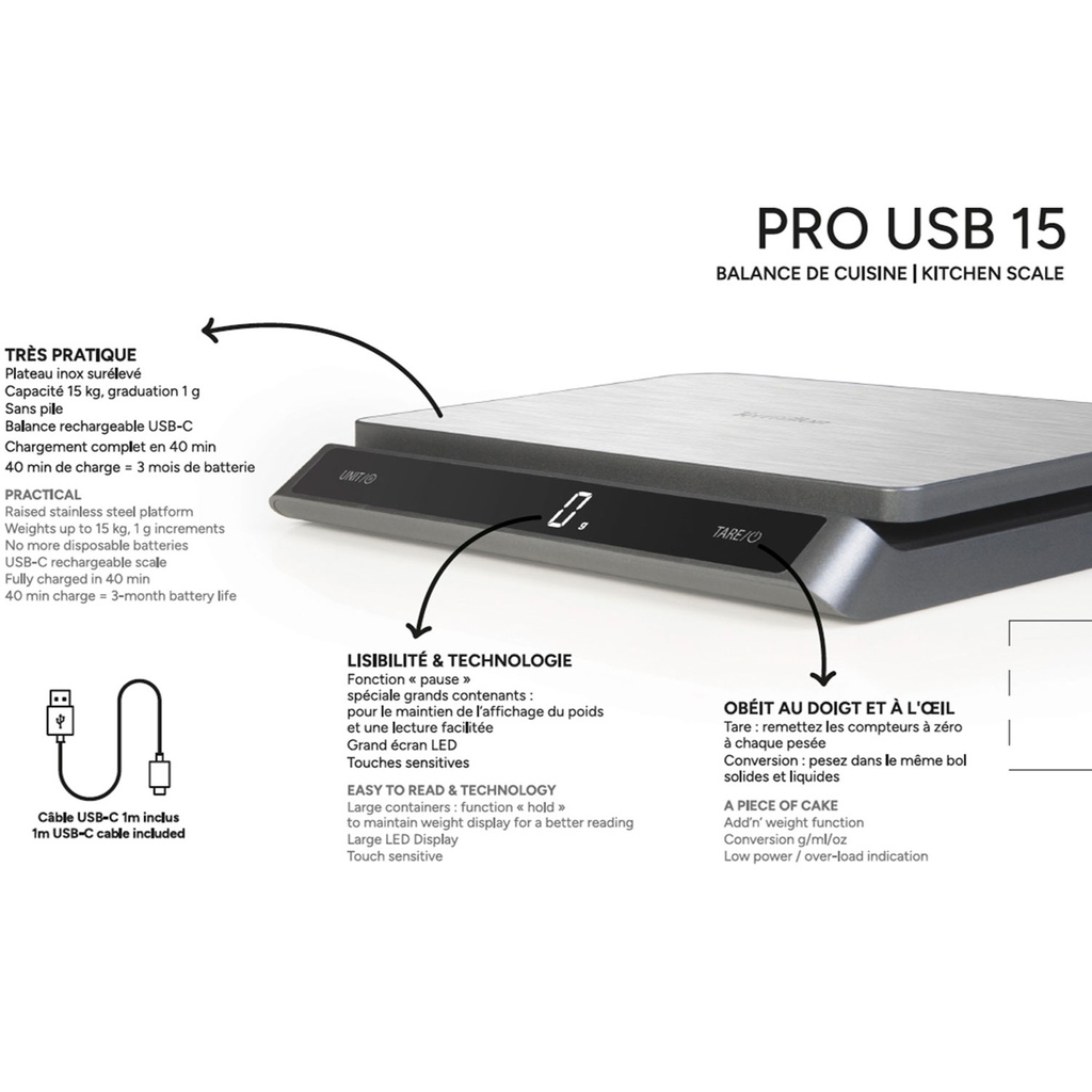 Köksvåg PRO USB-C 15kg Rostfritt IP67