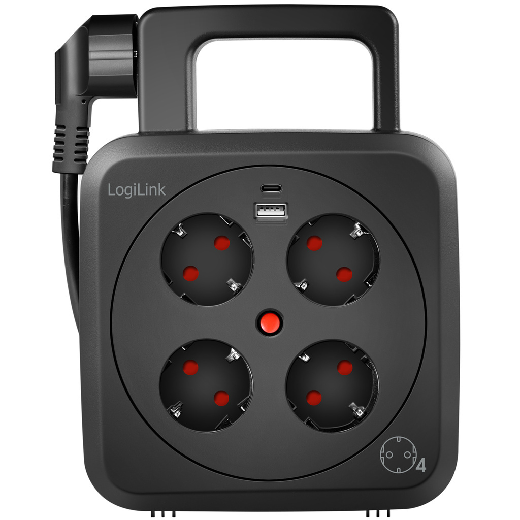 Kabelvinda 5 meter 4 jordade uttag + USB-A/USB-C 20W IP20