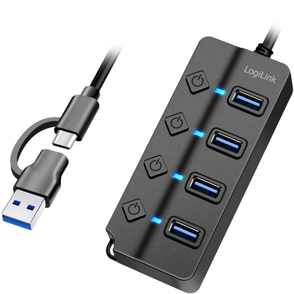 USB-hub 4-port med separata På/Av-knappar USB-C/USB-A in USB 3.2 Gen1