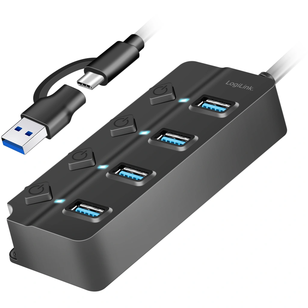 USB-hub 4-port med separata På/Av-knappar USB-C/USB-A in USB 3.2 Gen1