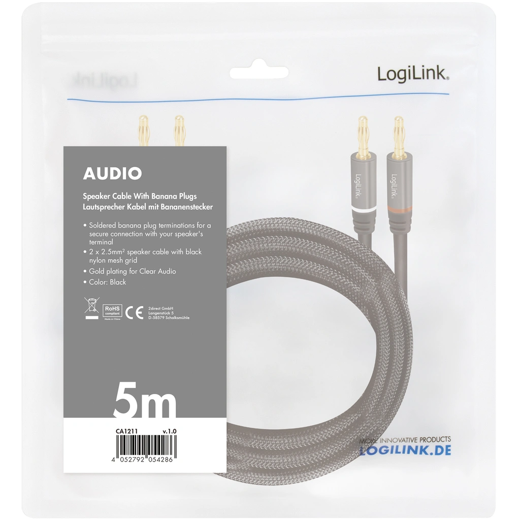 Högtalarkabel 2x2,5 mm² med banankontakter Svart 5 meter