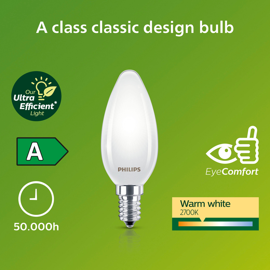 LED E14 Kron B35 2,3W (40W) Frostad 485lm 2700K Energiklass A