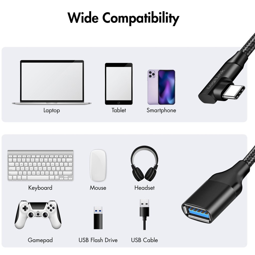 USB-C to USB-A OTG cable Angled 15W 0.15m Black