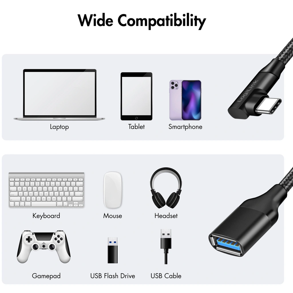 USB-C to USB-A OTG cable Angled 15W 0.15m Black