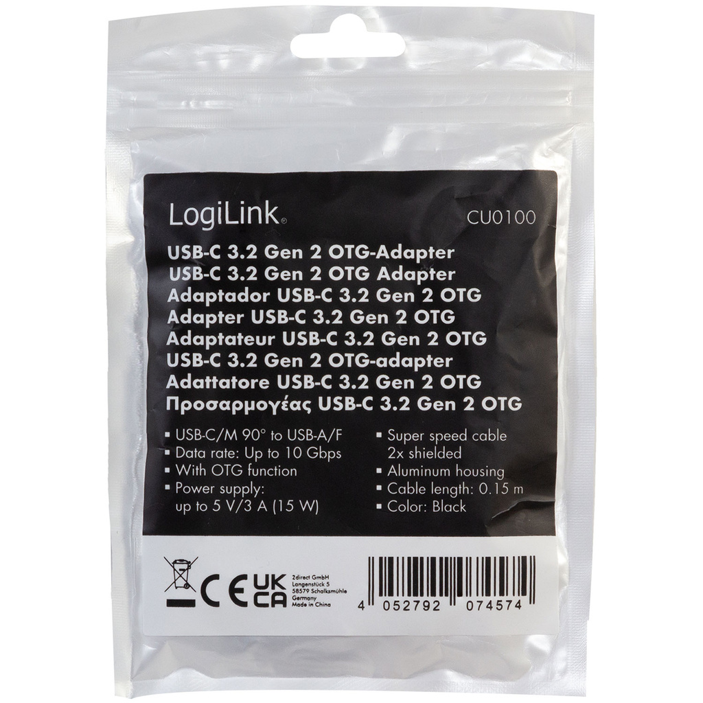 USB-C to USB-A OTG cable Angled 15W 0.15m Black