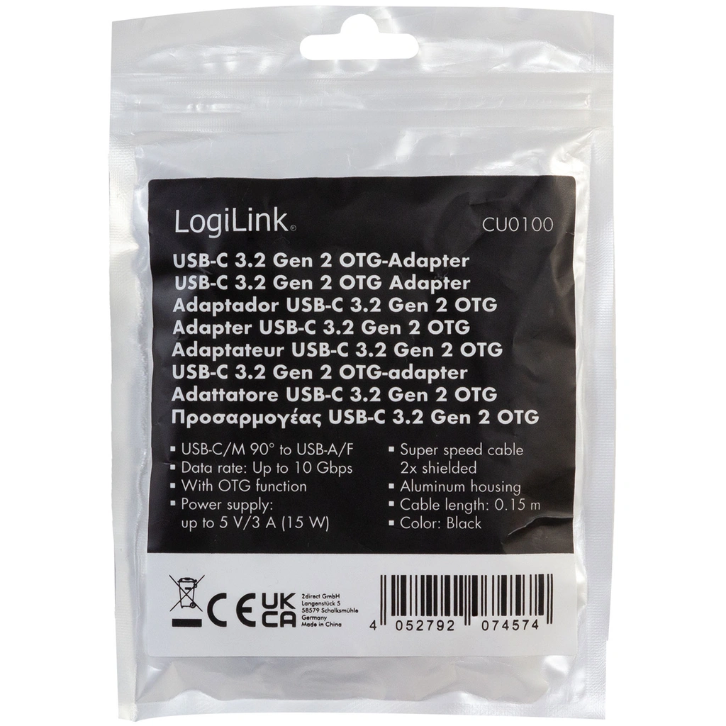 USB-C to USB-A OTG cable Angled 15W 0.15m Black