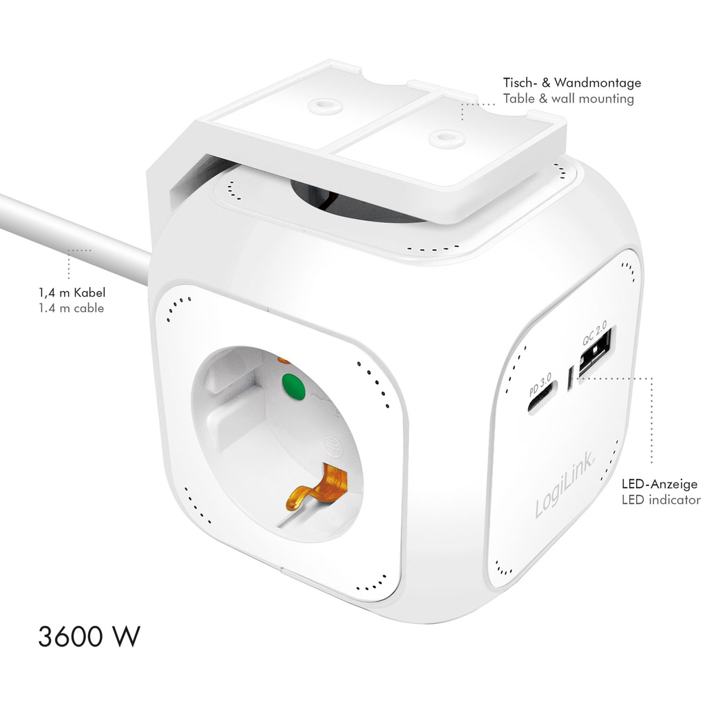 Power Cube Multi-grenuttag + USB-A/USB-C PD 20W