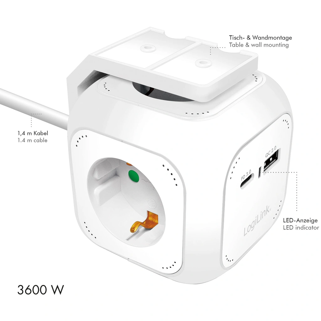 Power Cube Multi-grenuttag + USB-A/USB-C PD 20W