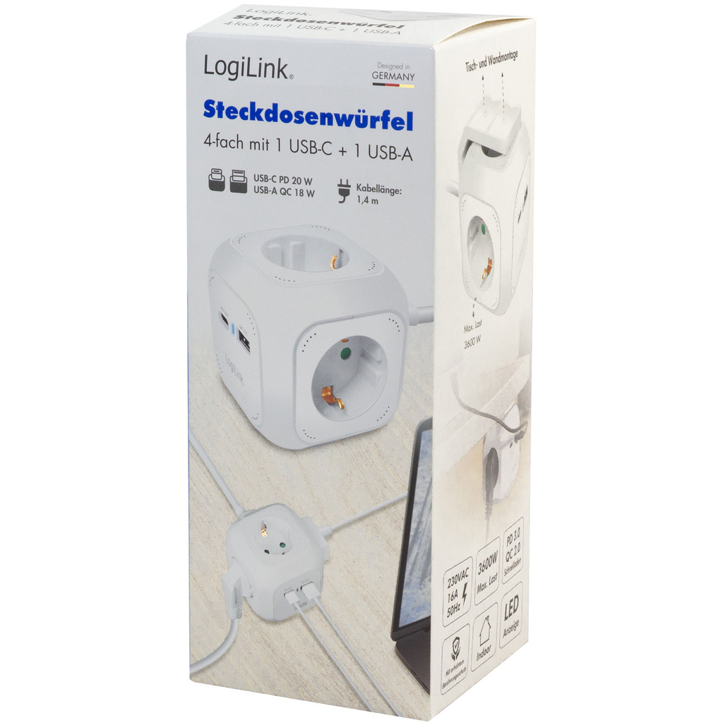 Power Cube Multi-grenuttag + USB-A/USB-C PD 20W