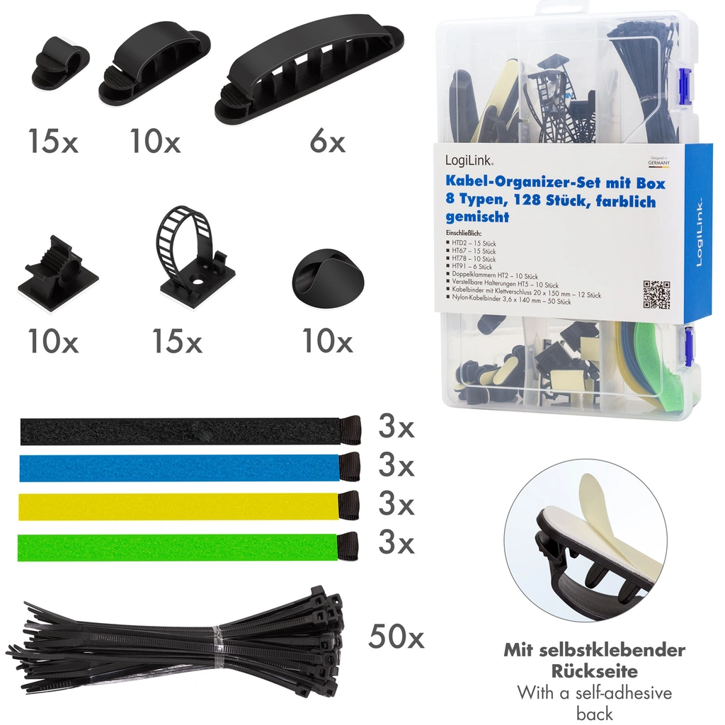 Kabelhanteringsset med 8 artiklar 128 delar Blandade färger