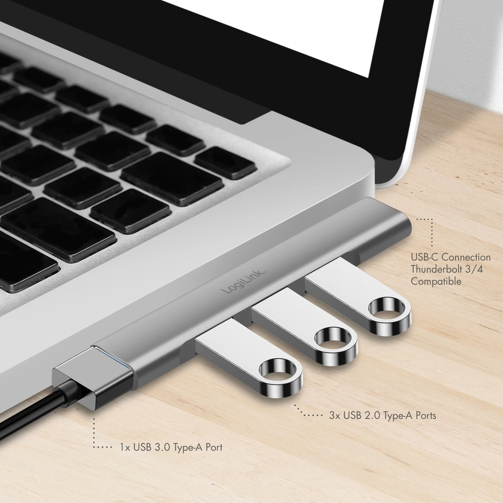 Ultraslim 4-port USB-C hub 1 x USB-A3.0, 3 x USB-A2.0