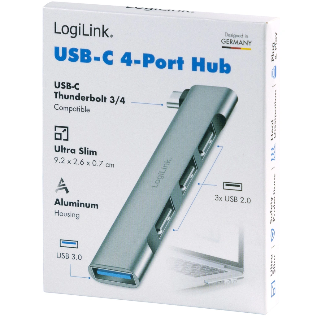 Ultraslim 4-port USB-C hub 1 x USB-A3.0, 3 x USB-A2.0