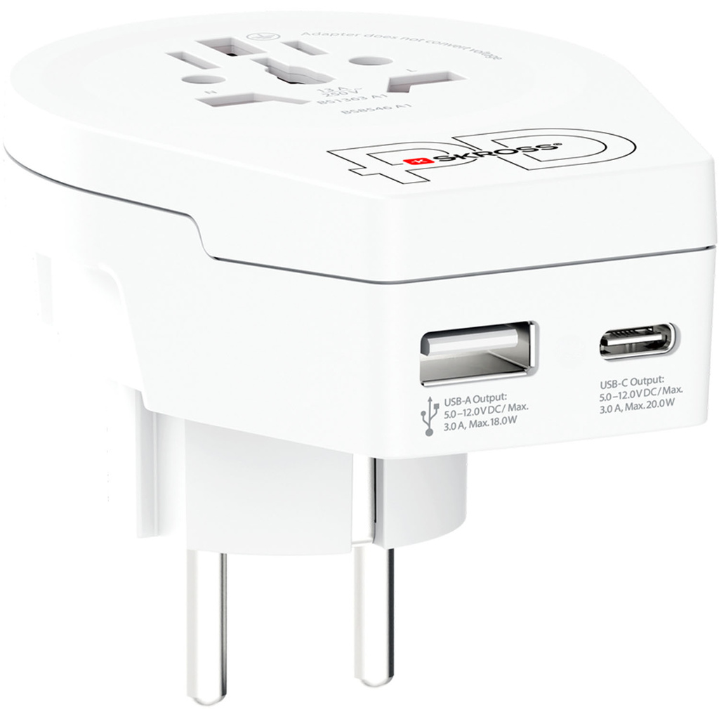 Reseadapter Världen till Europa USB-A/USB-C 20W Jordad