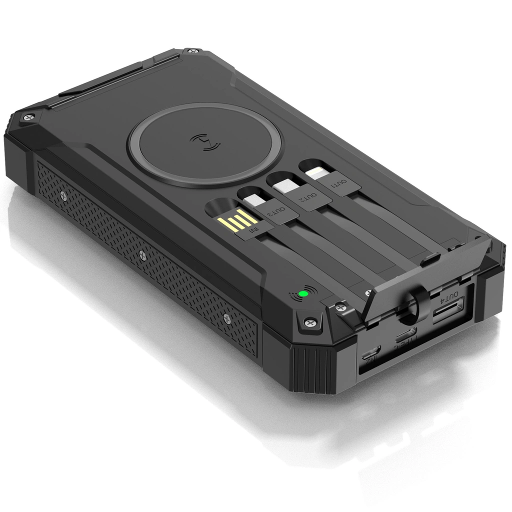 PowerBank 20.000 mAh Solcell 4st kablar + trådlös laddning Svart