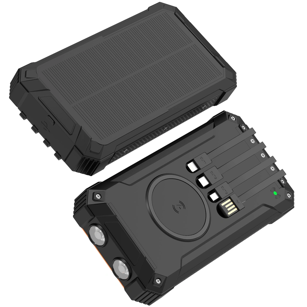 PowerBank 20.000 mAh Solcell 4st kablar + trådlös laddning Svart