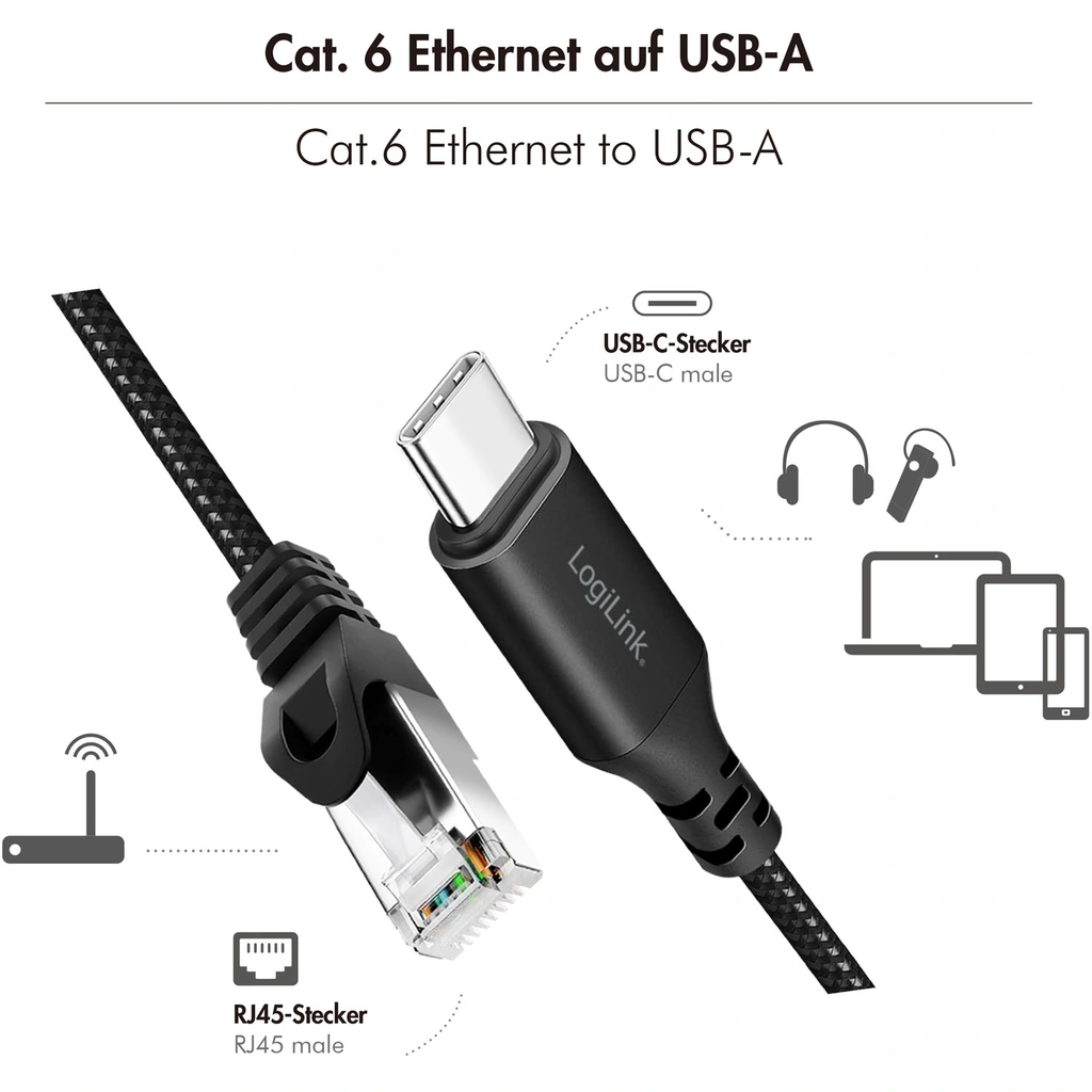 USB-C network cable RJ45 1 Gbps Active 2 m