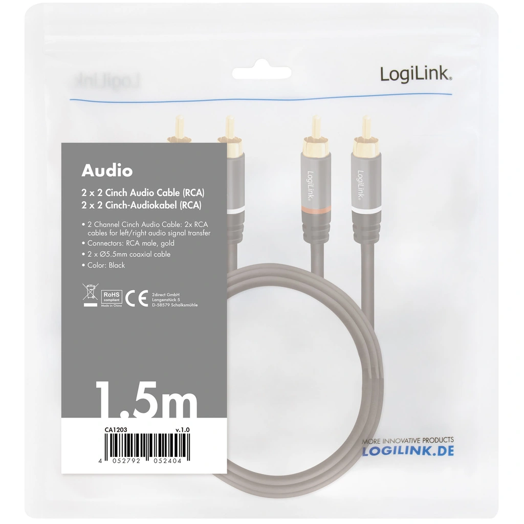 Audio cable 2 x RCA-male - 2 x RCA-male 1.5m Metal Black