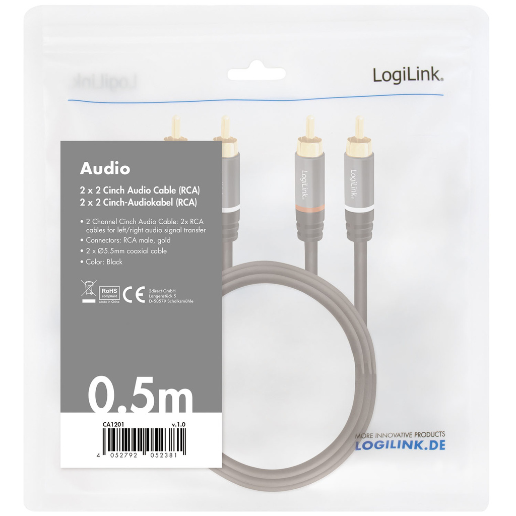 Audio cable 2 x RCA-male - 2 x RCA-male 0.5m Metal Black