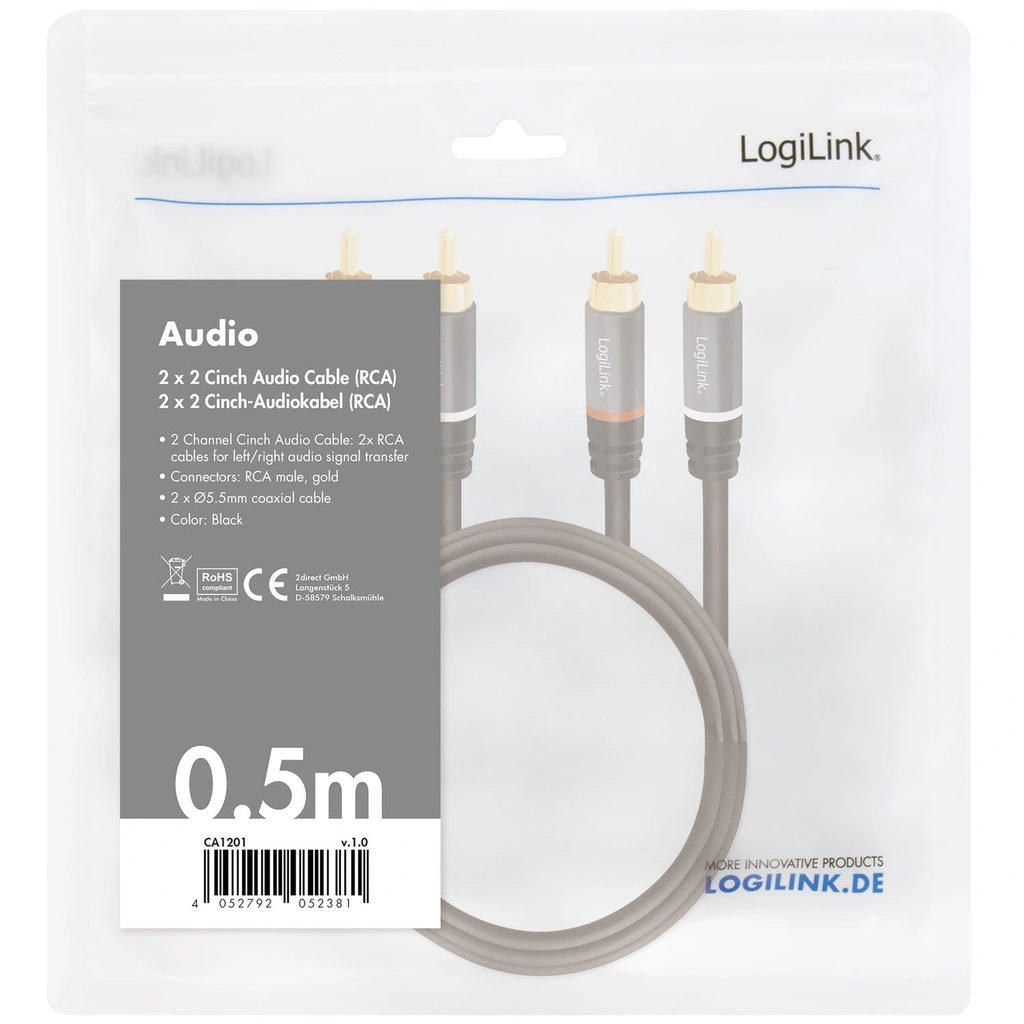 Audio cable 2 x RCA-male - 2 x RCA-male 0.5m Metal Black
