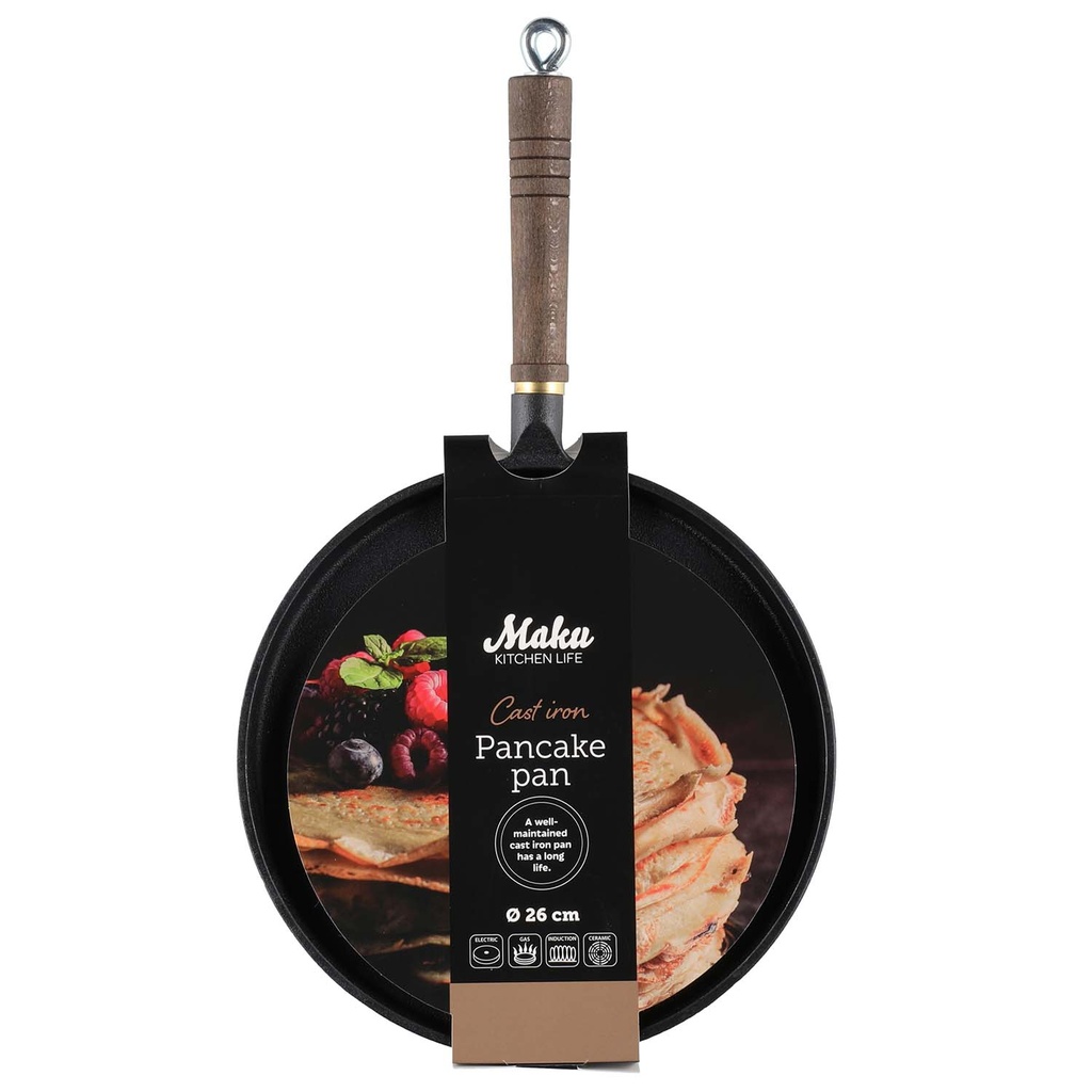 Pancake pan cast iron wooden handle