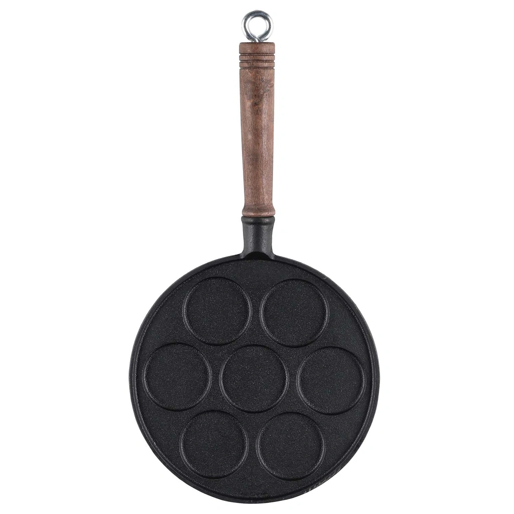 Pancake pan cast iron wooden handle 7 cups