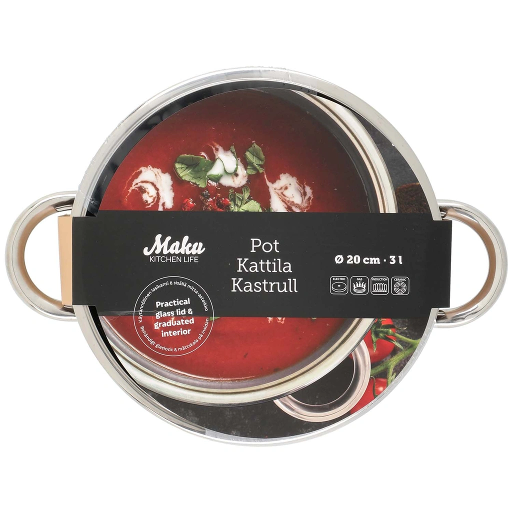 Kastrull Basic i stål med glaslock 3 L