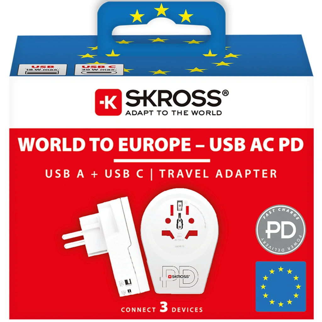 Reseadapter Världen till Europa USB-A/USB-C 20W Jordad