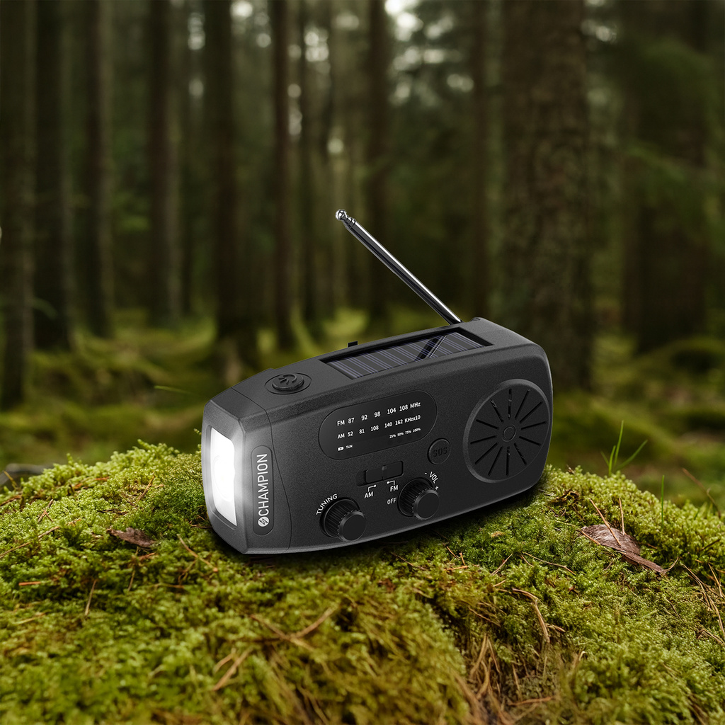 Vevradio med ficklampa och solcell Svart
